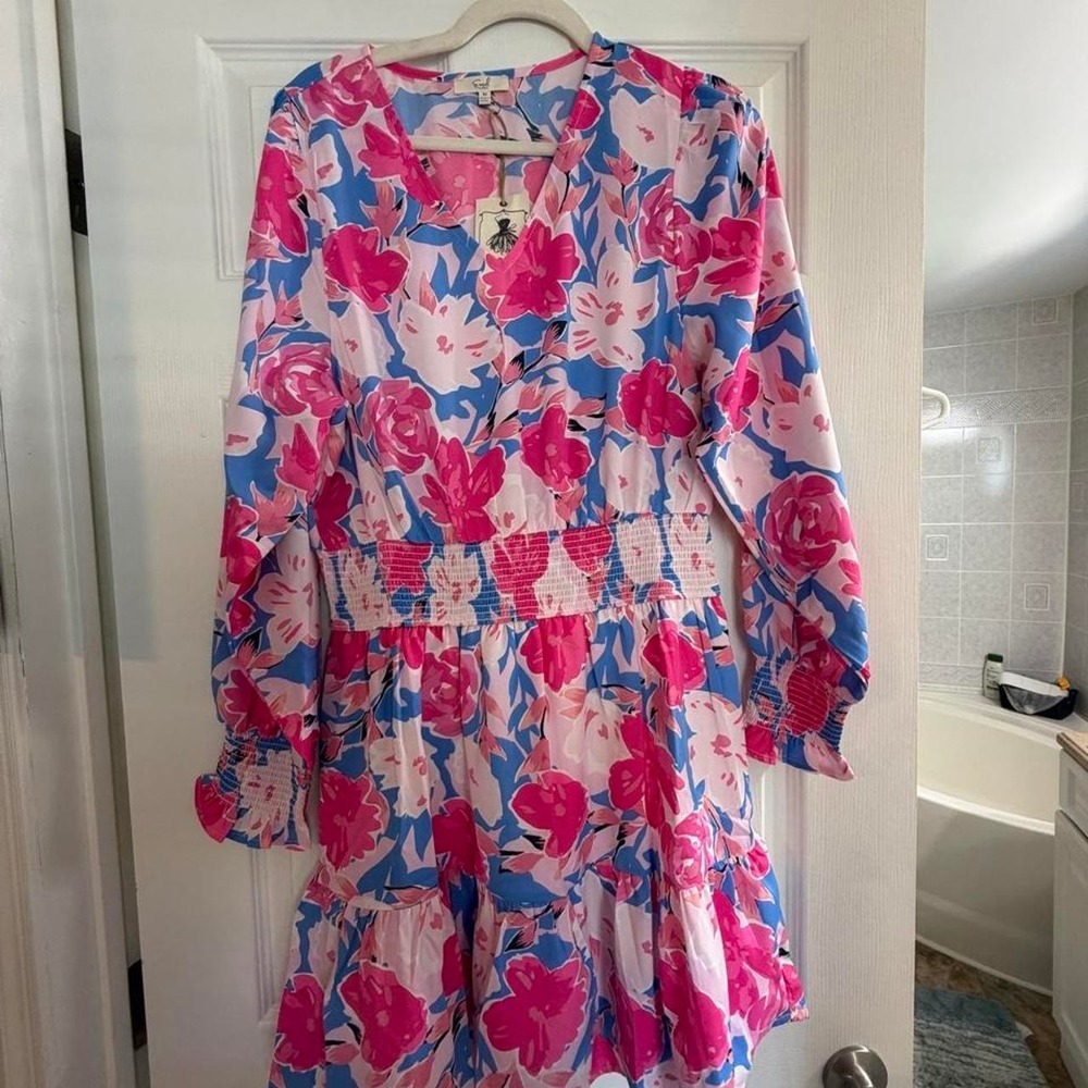 Easel Los Angeles Floral Mini Dress Pink Blue Ruffle Smocked Waist V-Neck NWT M